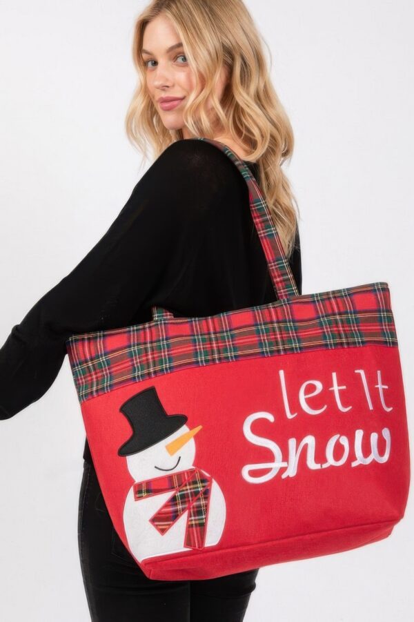 Let It Snow Snowman Christmas Tote – Red Plaid