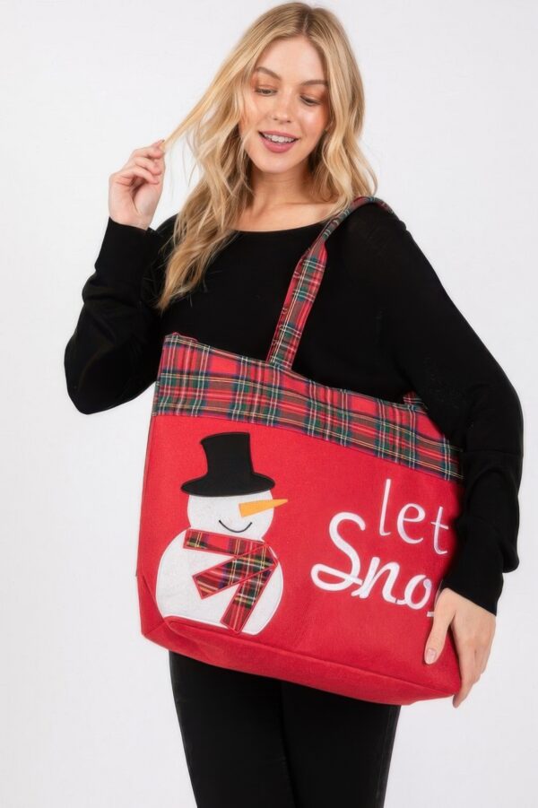 Let It Snow Snowman Christmas Tote – Red Plaid