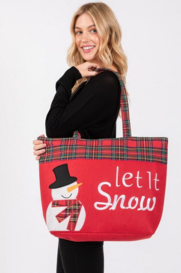 Let It Snow Snowman Christmas Tote – Red Plaid