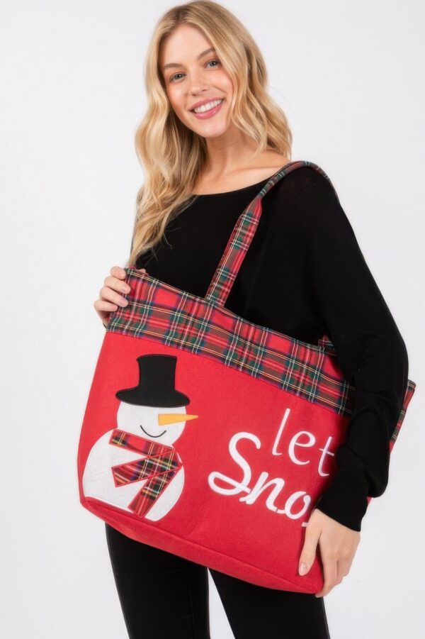 Let It Snow Snowman Christmas Tote – Red Plaid