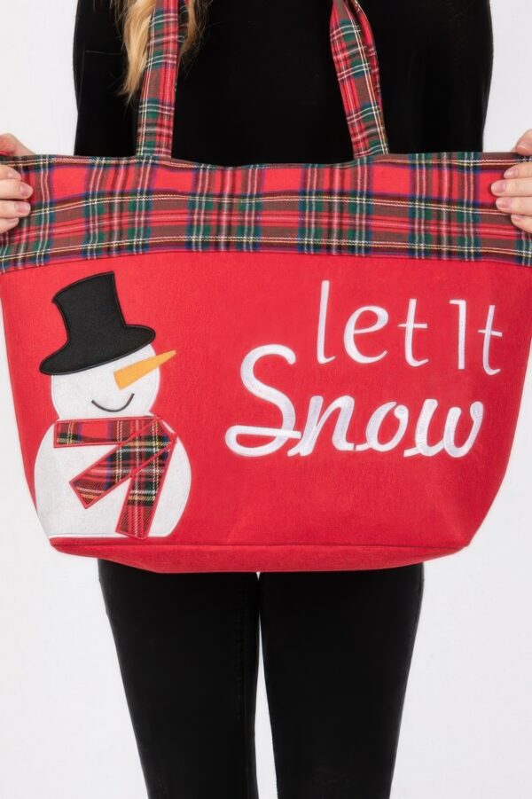 Let It Snow Snowman Christmas Tote – Red Plaid