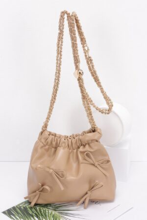 Faux Leather Ribbon Bucket Crossbody Bag – Gold Chain