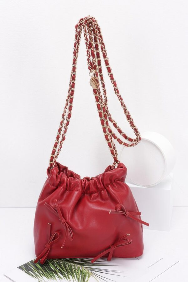 Faux Leather Ribbon Bucket Crossbody Bag – Gold Chain