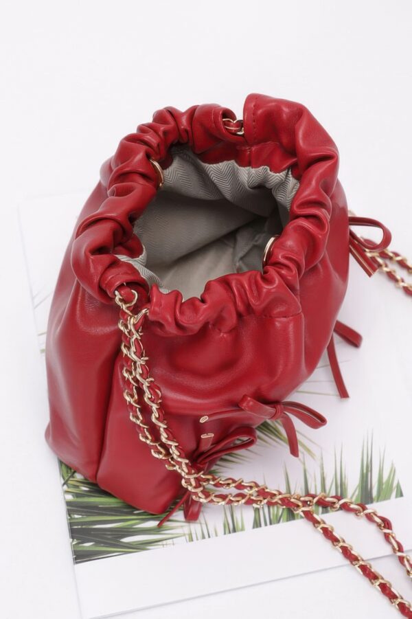 Faux Leather Ribbon Bucket Crossbody Bag – Gold Chain