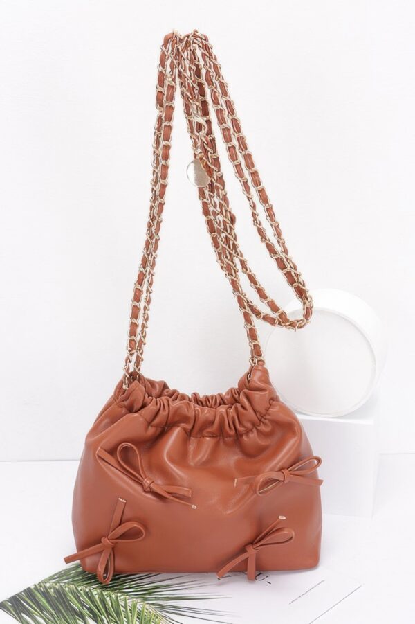Faux Leather Ribbon Bucket Crossbody Bag – Gold Chain