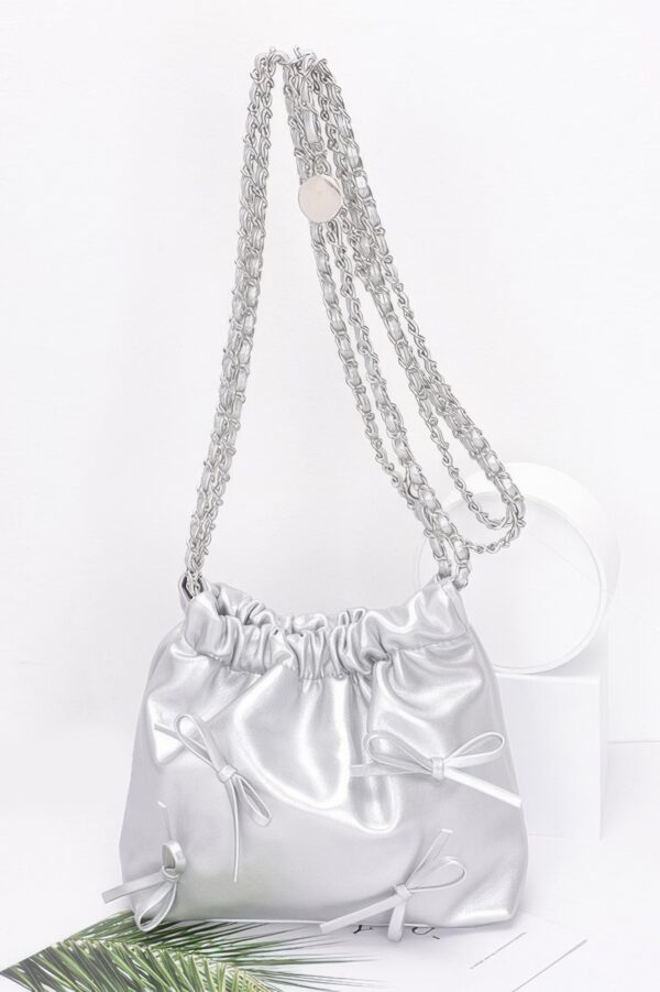 Faux Leather Ribbon Bucket Crossbody Bag – Gold Chain