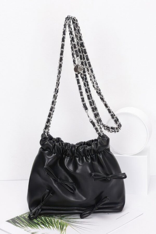 Faux Leather Ribbon Bucket Crossbody Bag – Gold Chain