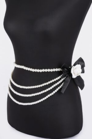 Faux Pearl Flower Ribbon Belt – Layered Floral Accent