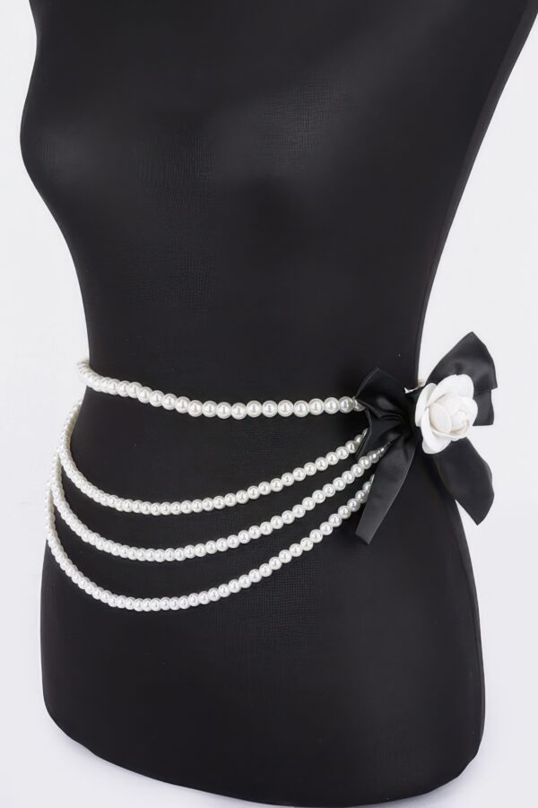 Faux Pearl Flower Ribbon Belt – Layered Floral Accent