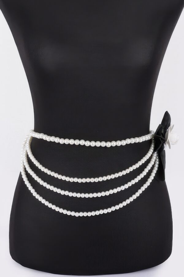 Faux Pearl Flower Ribbon Belt – Layered Floral Accent