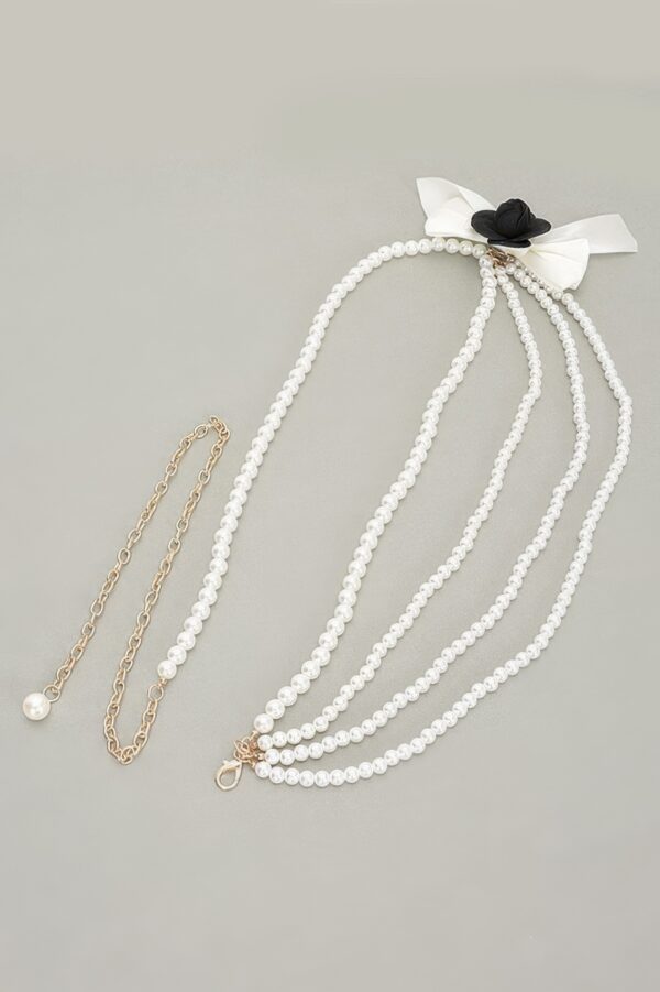 Faux Pearl Flower Ribbon Belt – Layered Floral Accent