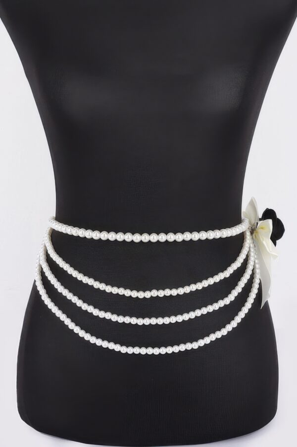 Faux Pearl Flower Ribbon Belt – Layered Floral Accent