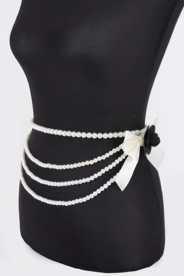 Faux Pearl Flower Ribbon Belt – Layered Floral Accent