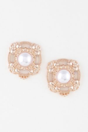 Antique Ribbon Pearl Stud Earrings – Gold-Tone