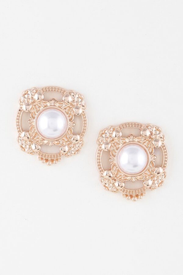 Antique Ribbon Pearl Stud Earrings – Gold-Tone