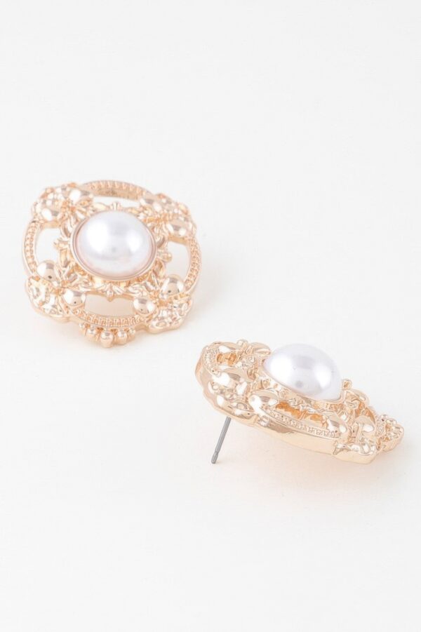 Antique Ribbon Pearl Stud Earrings – Gold-Tone