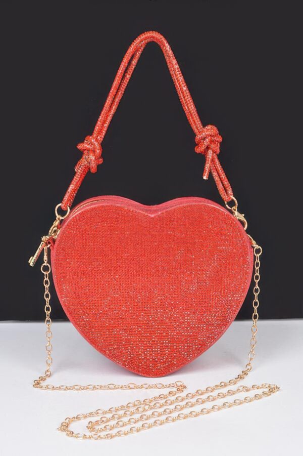 Heart-Shaped Rhinestone Clutch with Chain Strap