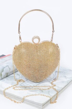Heart Rhinestone Party Clutch with Gold Chain