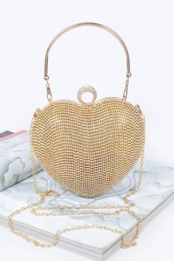 Heart Rhinestone Party Clutch with Gold Chain