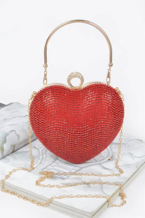 Heart Rhinestone Party Clutch with Gold Chain