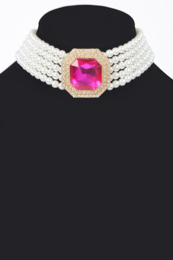 Faux Pearl and Pink Stone Chain Choker – Gold-Tone