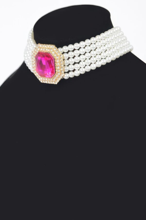 Faux Pearl and Pink Stone Chain Choker – Gold-Tone