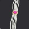 Faux Pearl and Pink Stone Chain Choker – Gold-Tone