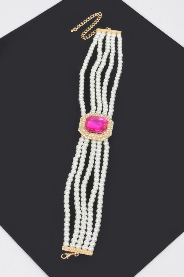 Faux Pearl and Pink Stone Chain Choker – Gold-Tone
