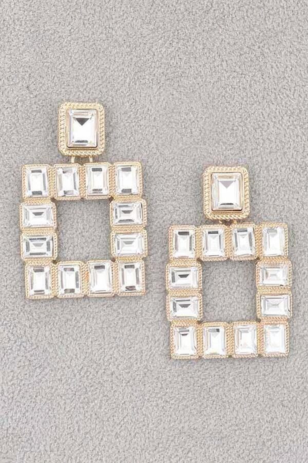 Multi-Color Rhinestone Square Earrings – Gold-Tone