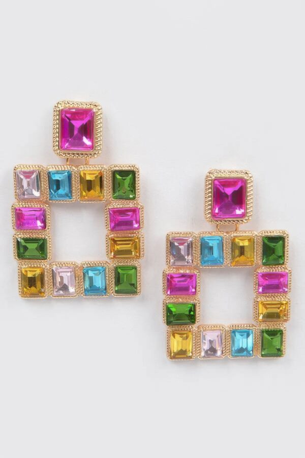 Multi-Color Rhinestone Square Earrings – Gold-Tone