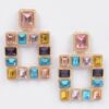 Multi-Color Rhinestone Square Earrings – Gold-Tone