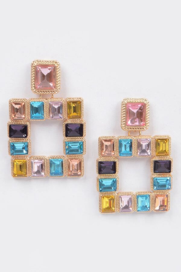 Multi-Color Rhinestone Square Earrings – Gold-Tone