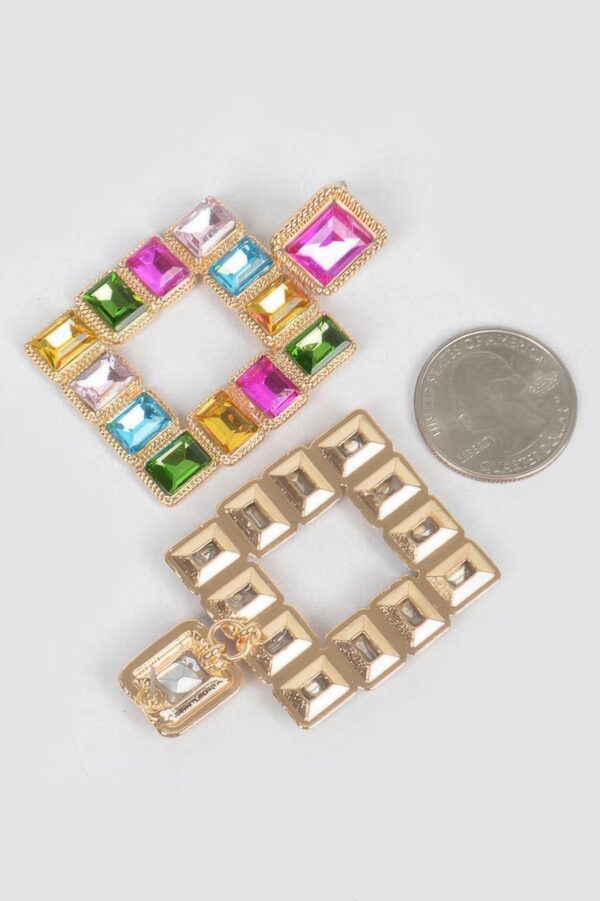 Multi-Color Rhinestone Square Earrings – Gold-Tone