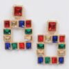 Multi-Color Rhinestone Square Earrings – Gold-Tone