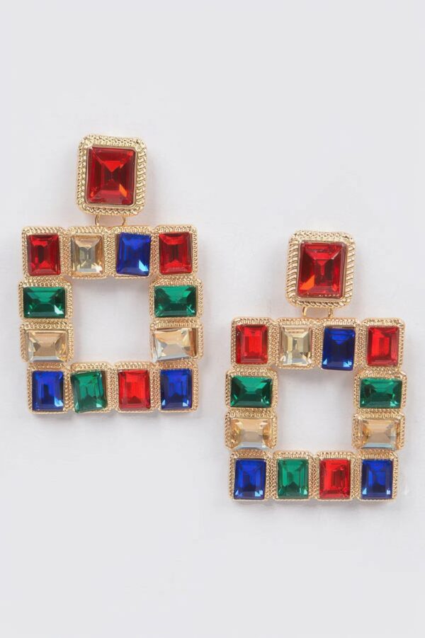 Multi-Color Rhinestone Square Earrings – Gold-Tone