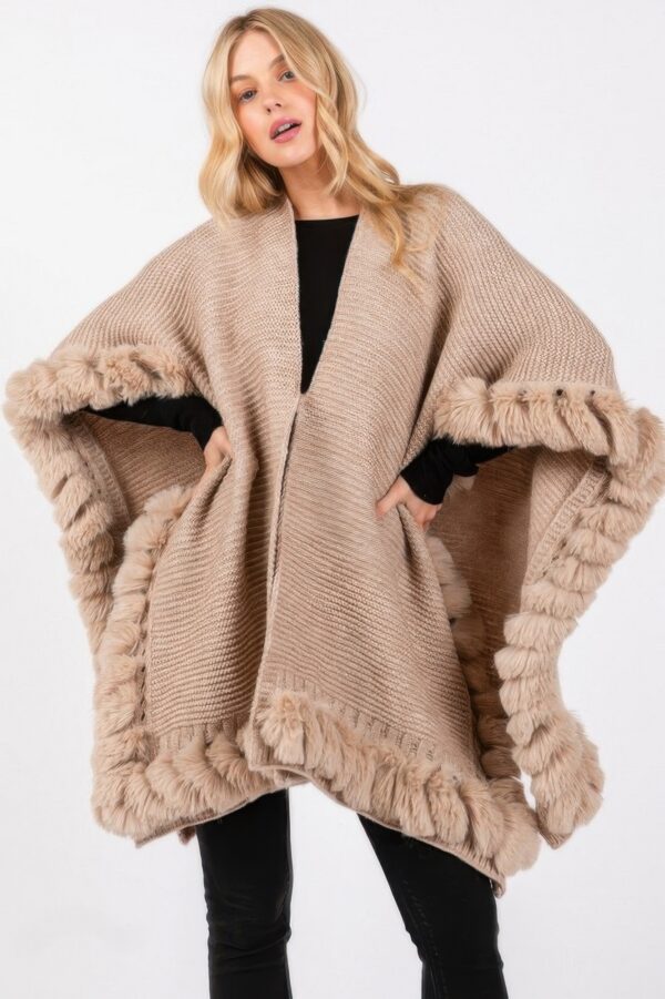 Faux Fur-Trim Cape with Clasp Closure – Midweight Layer
