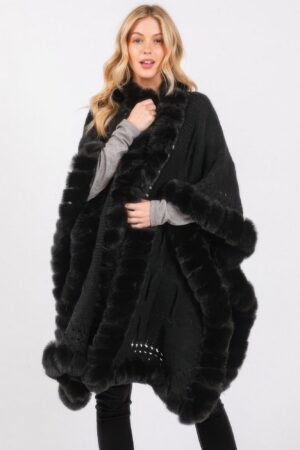 Faux Fur-Trim Cape with Oversized Collar
