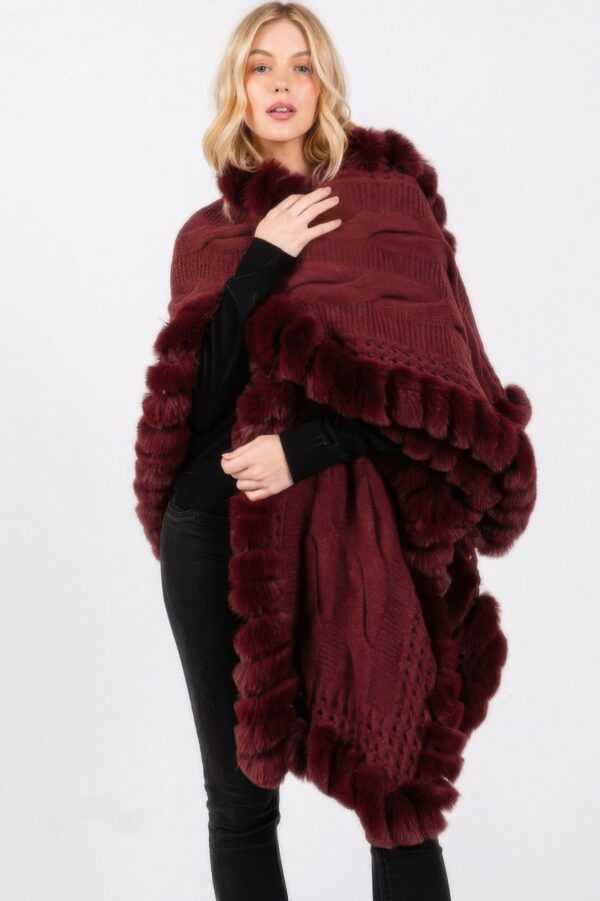 Faux Fur-Trim Cape with Oversized Collar
