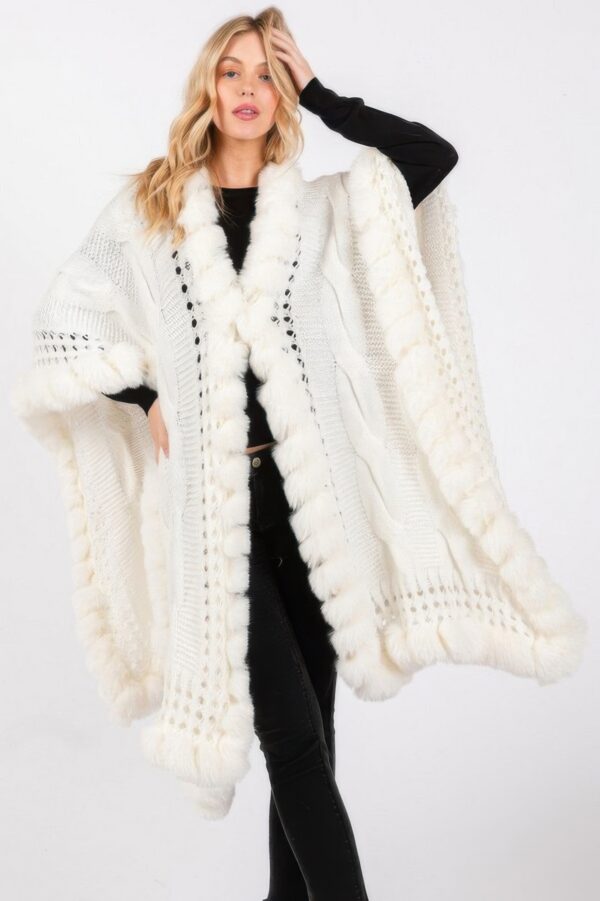 Faux Fur-Trim Cape with Oversized Collar