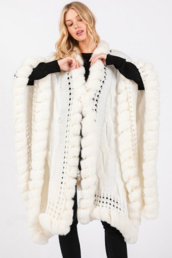 Faux Fur-Trim Cape with Oversized Collar