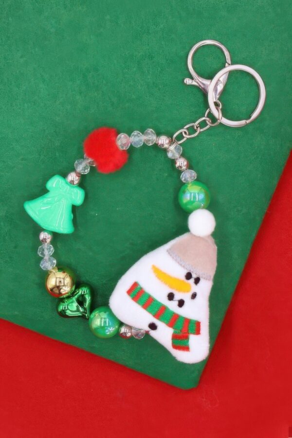 Snowman Christmas Keychain with Green Bow & Red Beads