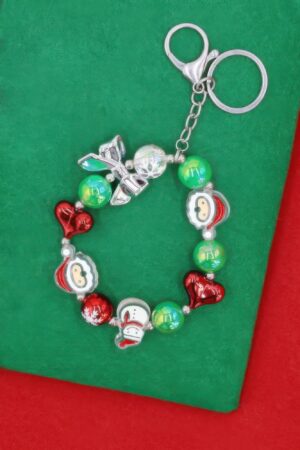Santa Charm Christmas Keychain – Red & Green Beads