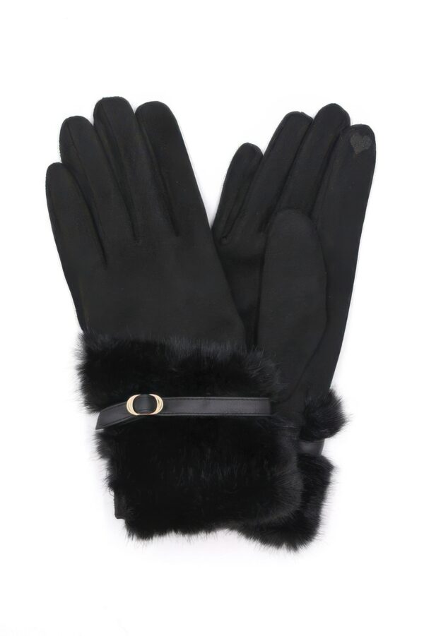 Touchscreen Faux Fur Strap-Cuff Gloves – Soft Lining