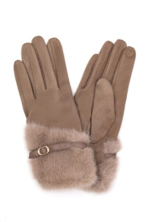 Touchscreen Faux Fur Strap-Cuff Gloves – Soft Lining