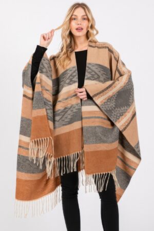 Aztec Fringe Ruana – Polyester Open-Front Wrap