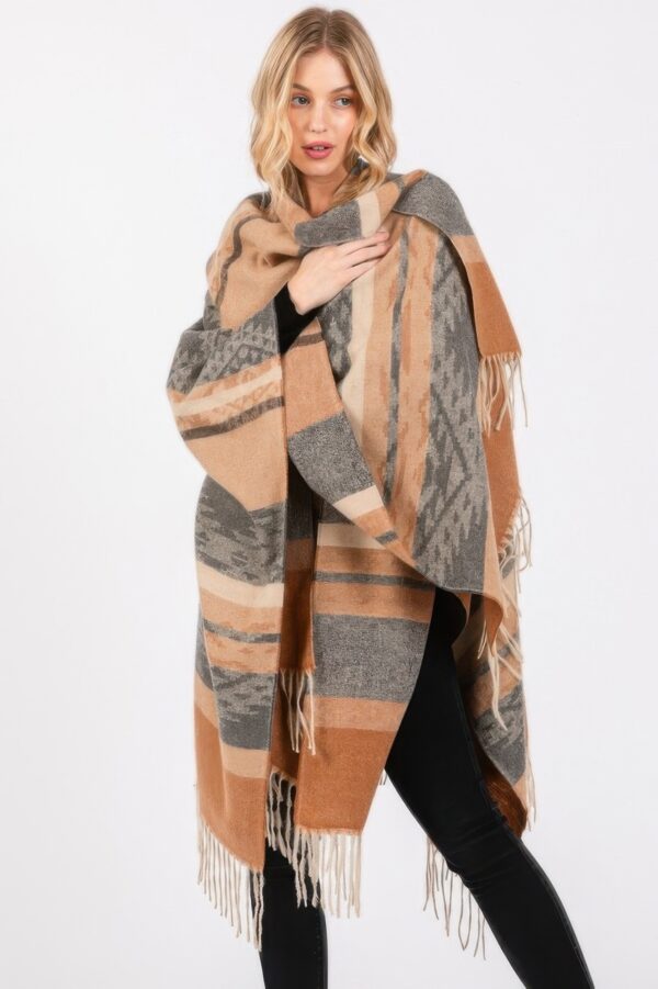 Aztec Fringe Ruana – Polyester Open-Front Wrap