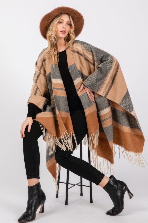 Aztec Fringe Ruana – Polyester Open-Front Wrap