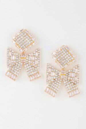 Rhinestone Bow Drop Earrings – Mid-Length Sparkle