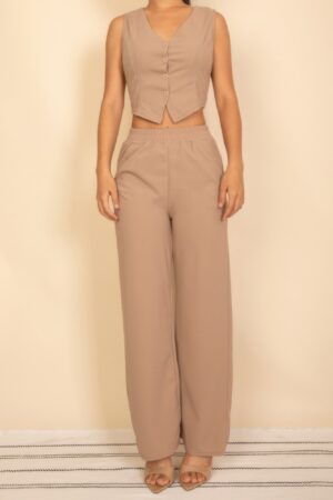 Tailored Button-Front Vest & Wide-Leg Pants Set