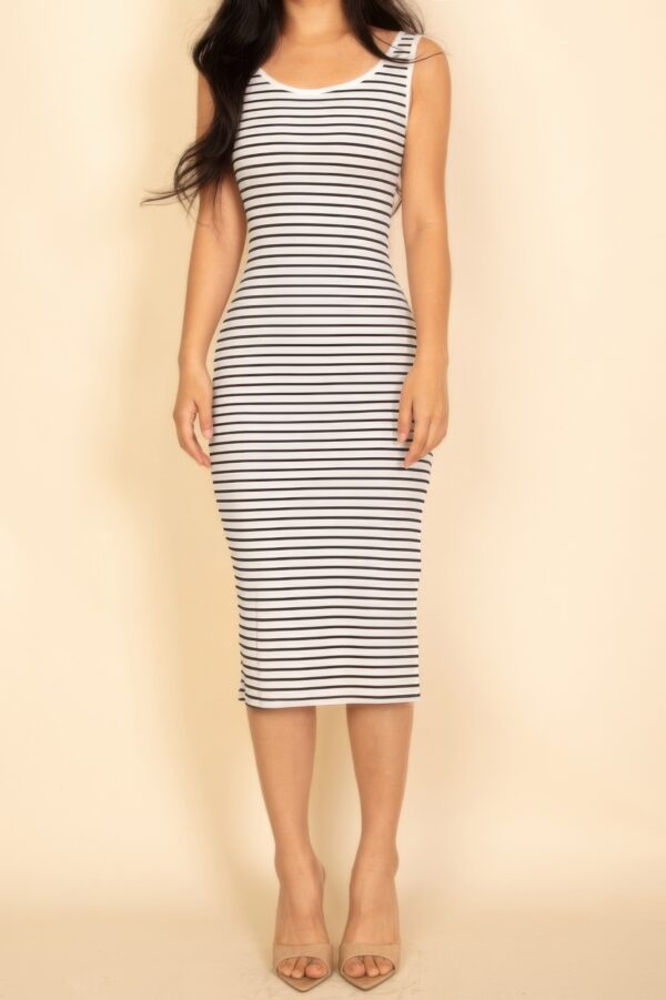 Ribbed Striped Midi Dress – Sleeveless with Side Slit